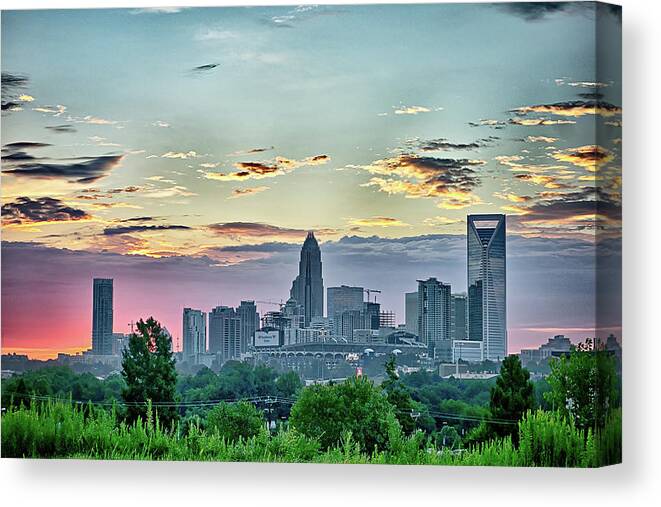 Early Canvas Print featuring the photograph Early Morning Sunrise Over Charlotte North Carolina Skyline by Alex Grichenko
