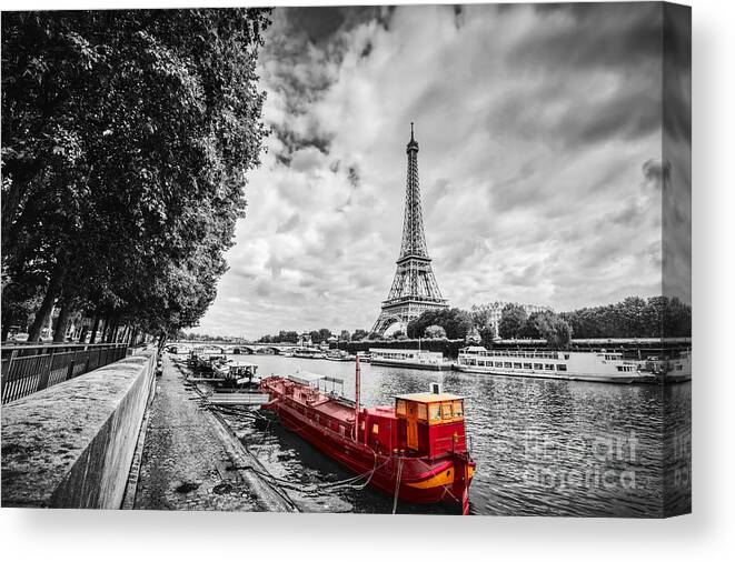 Paris Canvas Print featuring the photograph Eiffel Tower over Seine river in Paris, France. Vintage by Michal Bednarek