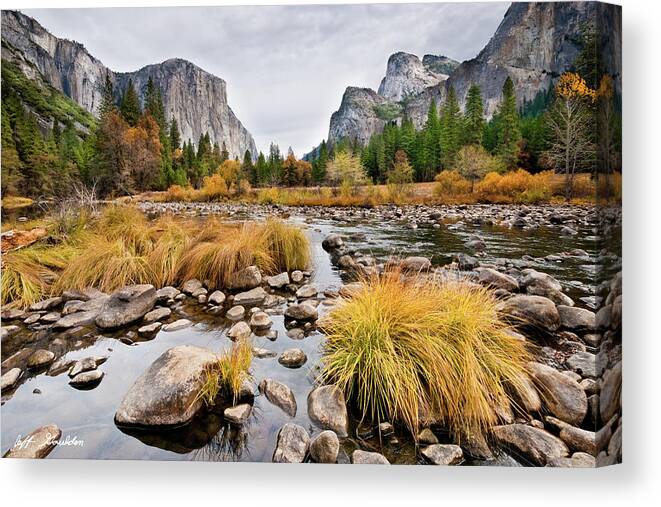 Autumn Canvas Print featuring the photograph El Capitan and the Merced River in the Fall by Jeff Goulden