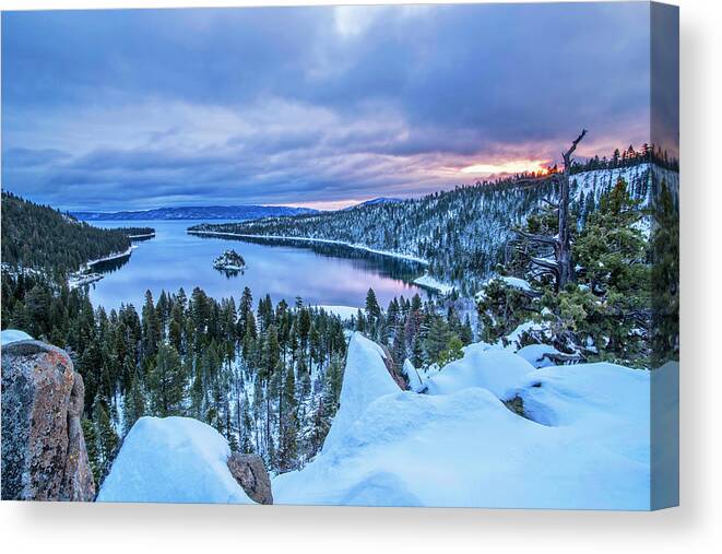 Emerald Bay Canvas Print featuring the photograph Emerald Bay Winter Sunrise by Brad Scott