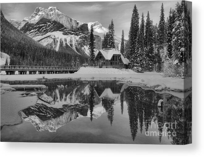 Emerald Lake Canvas Print featuring the photograph Emerald Lake Winter Sunset Reflections Black And White by Adam Jewell