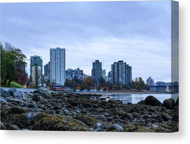 English Bay Canvas Print featuring the digital art English Bay Beach Park, Vancouver BC by Michael Lee