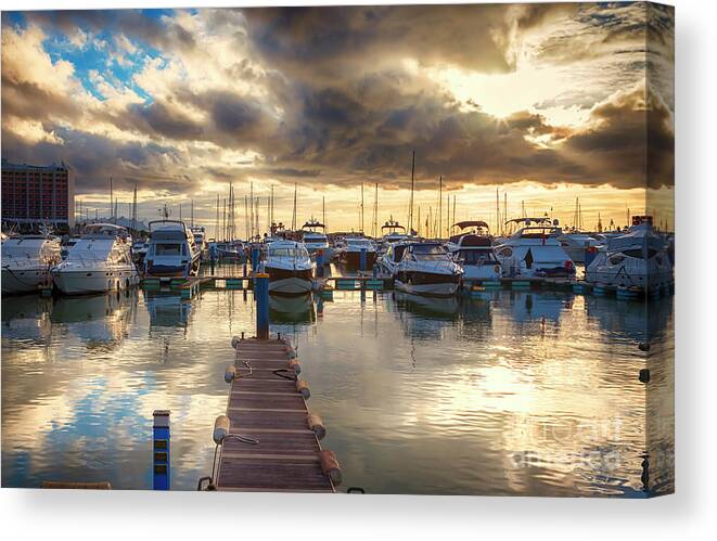 Dock Canvas Print featuring the photograph evening yachts marine, Algarve, Portugal by Ariadna De Raadt