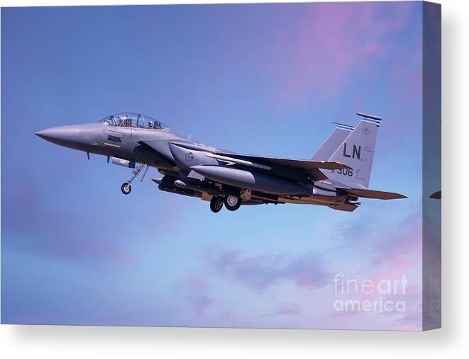 Usaf Canvas Print featuring the photograph F15 coming into land lowering landing gear by Simon Bratt