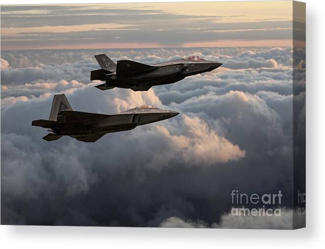 F35 And F22 Canvas Print featuring the digital art F22 with F35 by Airpower Art