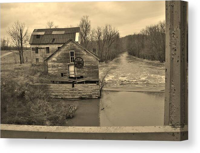 Gristmill Canvas Print featuring the photograph Falls of Rough Abandoned Gristmill by Stacie Siemsen