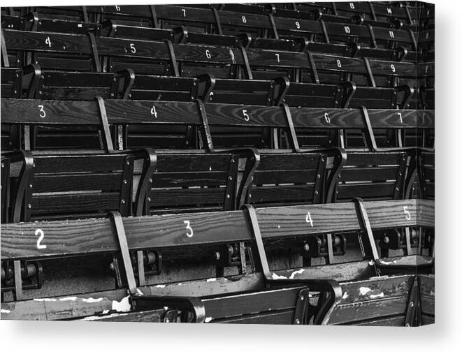 Boston Red Sox Canvas Print featuring the photograph Fenway Park Blue Bleachers BW by Susan Candelario