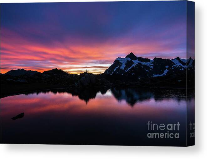 Mount Shuksan Canvas Print featuring the photograph Fiery Shuksan Sunrise Reflection by Mike Reid