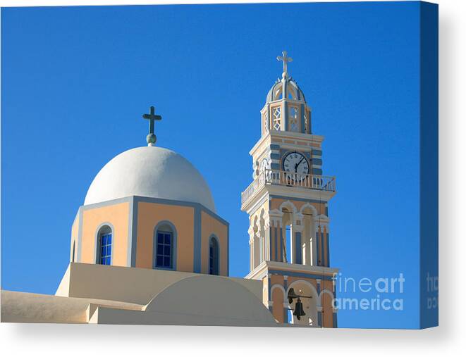 Roman Canvas Print featuring the photograph Fira Catholic cathedral horizontal by Paul Cowan