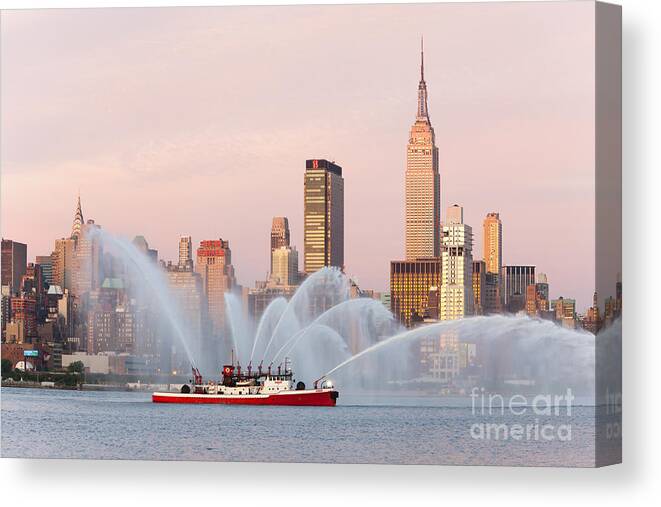 Clarence Holmes Canvas Print featuring the photograph Fire Boat and Manhattan Skyline I by Clarence Holmes