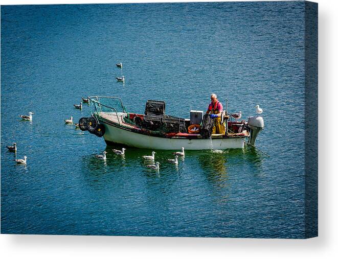 Boat Canvas Print featuring the photograph Fisherman with Boat and Seagulls by Andreas Berthold