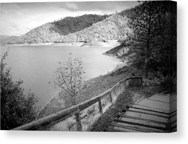 Shasta Canvas Print featuring the photograph Fishermans Point Shasta Lake B and W by Joyce Dickens