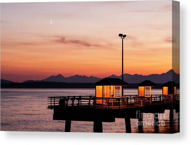 Elliot Bay Canvas Print featuring the photograph Fishing Pier on Elliott Bay with Moon and Olympic Mountains by Jim Corwin
