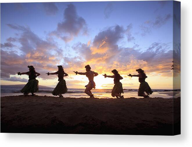Aloha Canvas Print featuring the photograph Five Hula Dancers At Sunset At The Beach At Palauea by David Olsen
