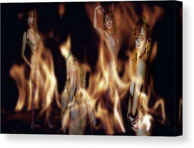 Multiple Exposure Of Model And Flames Canvas Print featuring the photograph Flame Nymphs by Richard Henne