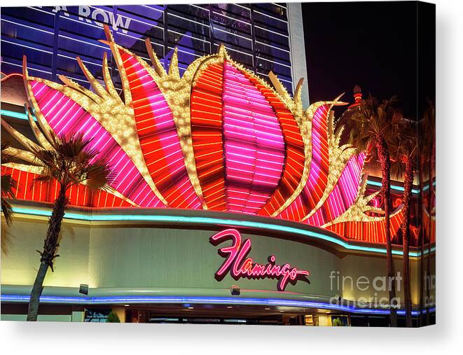 The Flamingo Neon Sign Canvas Print featuring the photograph Flamingo Center Neon Sign at Night by Aloha Art