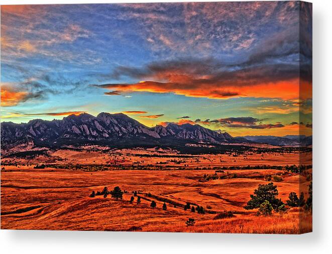Colorado Canvas Print featuring the photograph Flatiron Sunset Fire Red by Scott Mahon