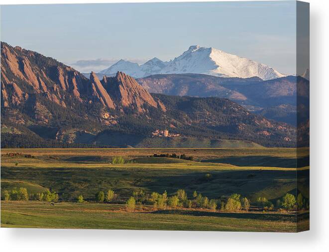 Boulder Canvas Print featuring the photograph Flatirons and Longs Peak by Aaron Spong