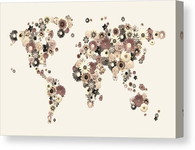 World Map Canvas Print featuring the digital art Flower World Map Sepia by Michael Tompsett