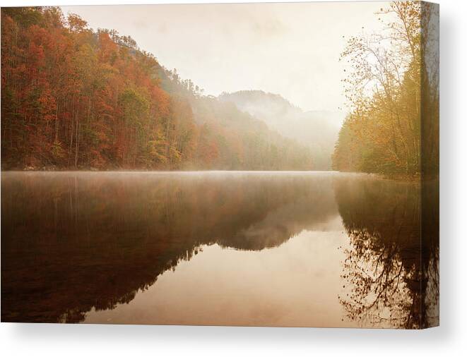 Autumn Canvas Print featuring the photograph Fog on Mill Creek Lake #1 by D Scott Clark