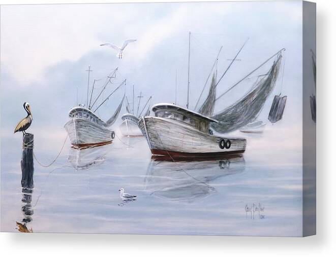 Seascape Canvas Print featuring the painting Foggy Morn' by Gary Partin
