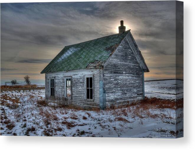 North Dakota Schoolhouse Abandoned Horizontal Scenic Landscape Architecture Nd Desolate Winter Snow Sky Sun Windows White Canvas Print featuring the photograph Forgotten Lessons - Lake Ibsen Schoolhouse, Benson County ND by Peter Herman