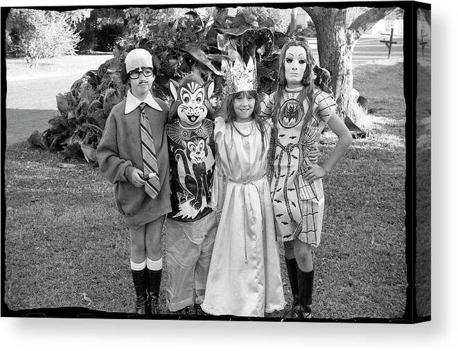 Halloween Canvas Print featuring the photograph Four Girls in Halloween Costumes, 1971, Part One by Jeremy Butler