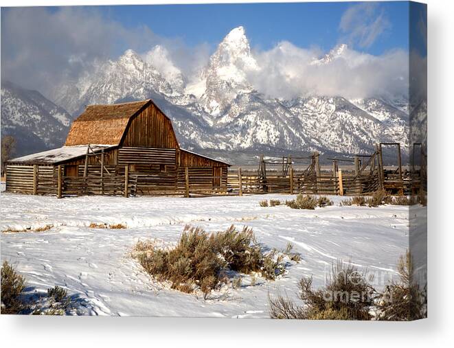Teton Barn Canvas Print featuring the photograph Frigid Morning At The Moulton Barn by Adam Jewell