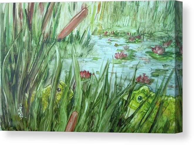Beauty Is In The Eye Of The Beholder And This Guy Thinks She Is A Doll. Pond Canvas Print featuring the painting Frog went a-courtin by Charme Curtin