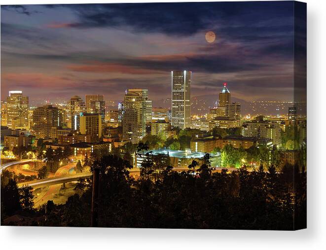 Portland Canvas Print featuring the photograph Full Moon Rising over Downtown Portland by David Gn