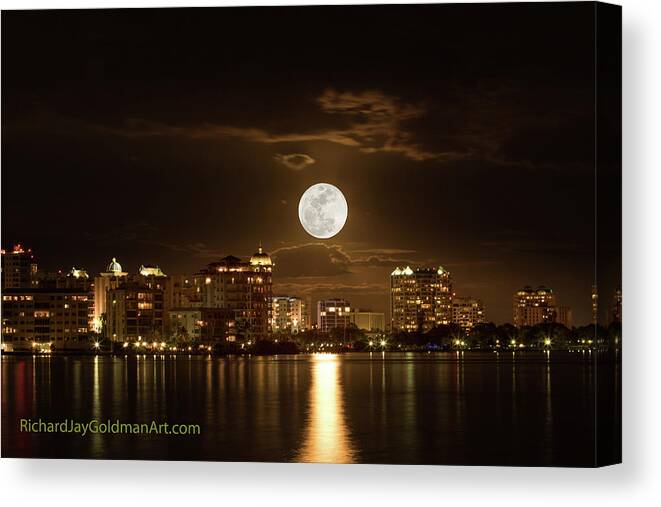 Moonrise Shoot Canvas Print featuring the photograph Full Moon Rising Over Sarasota by Richard Goldman