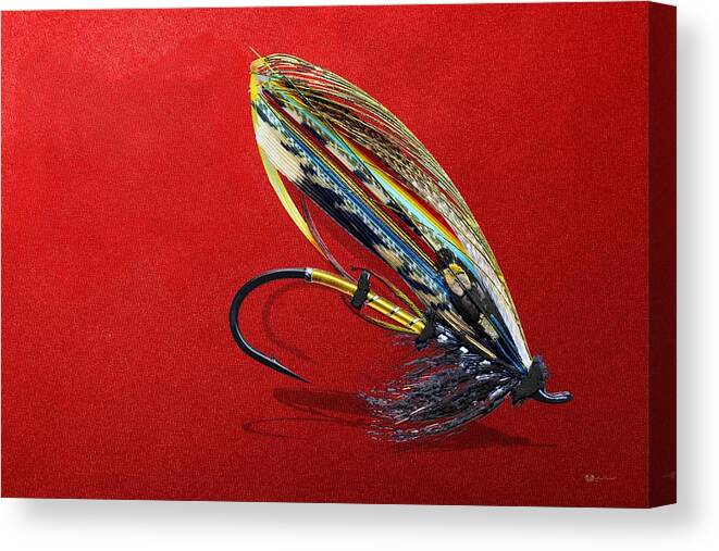 Fishing Corner Collection By Serge Averbukh Canvas Print featuring the photograph Fully Dressed Salmon Fly on Red by Serge Averbukh