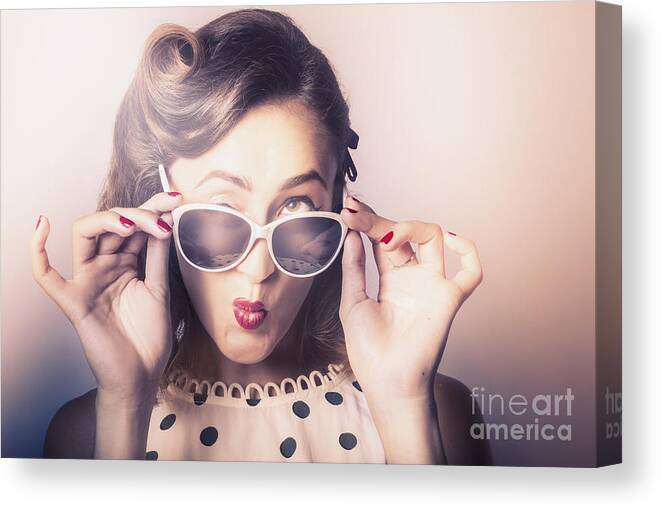Sunglasses Canvas Print featuring the photograph Fun comical retro fashion portrait. Pin-up pout by Jorgo Photography