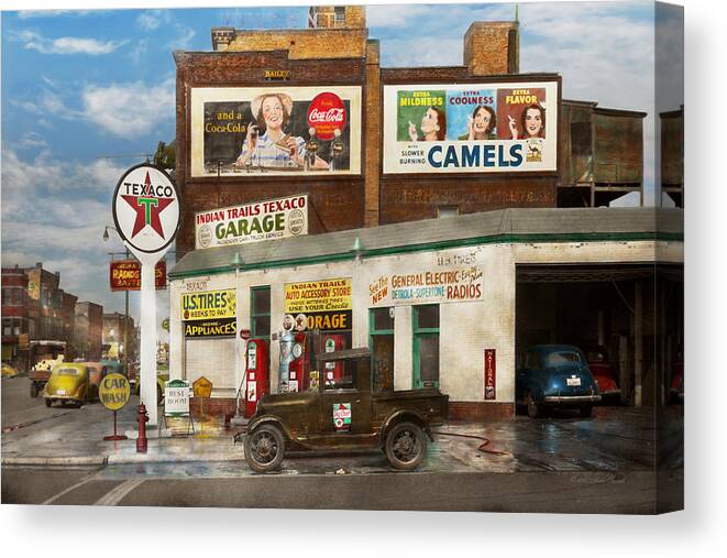 Signs Canvas Print featuring the photograph Gas Station - Benton Harbor MI - Indian Trails gas station 1940 by Mike Savad