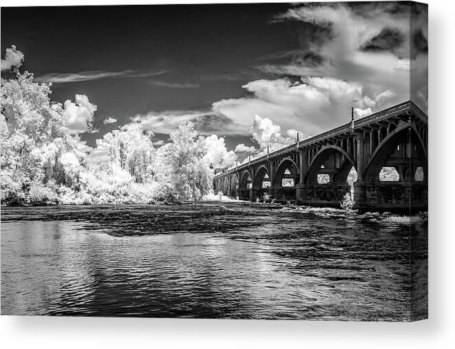 Congaree River Canvas Print featuring the photograph Gervais St. Bridge-Infrared-BW by Charles Hite