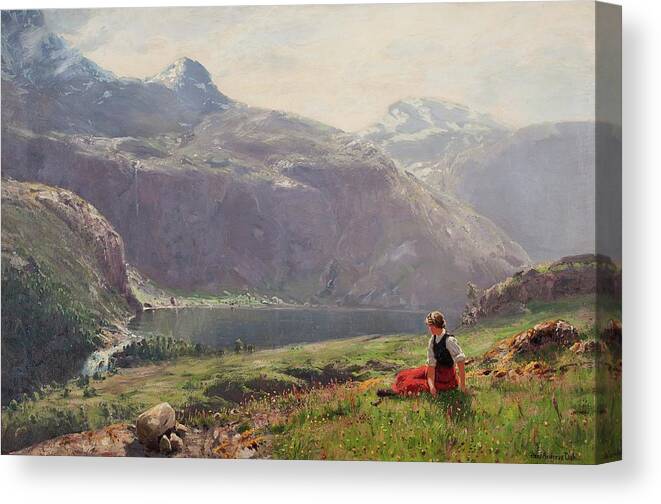 Hans Andreas Dahl Canvas Print featuring the painting Girl in the fjords by Hans Andreas Dahl