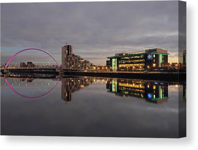 Glasgow Clyde Arc Canvas Print featuring the photograph Glasgow River Clyde at Sunset by Maria Gaellman