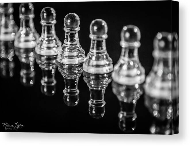  Canvas Print featuring the photograph Glass Pawns Reflected - with logo by Melissa Lipton