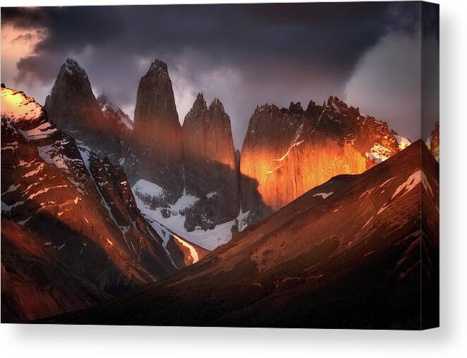 Paine Massif Canvas Print featuring the photograph Glowing Towers by Nicki Frates