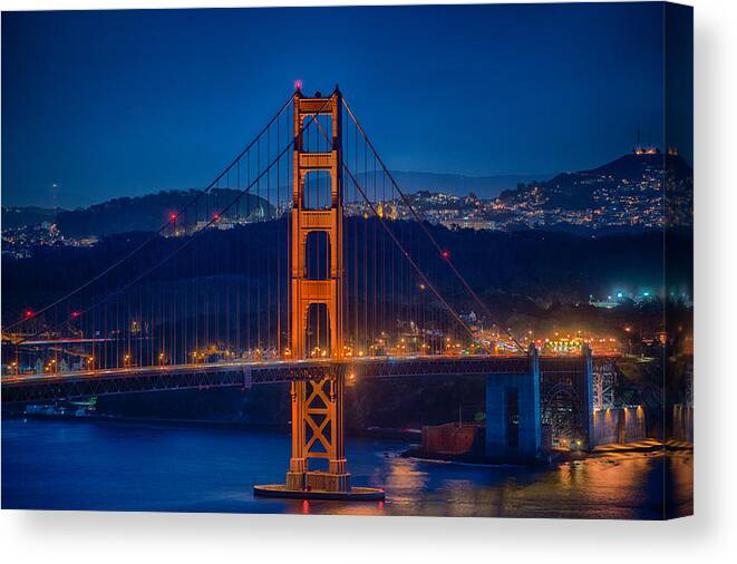 Golden Gate Bridge Canvas Print featuring the photograph Golden Gate Bridge Blue Hour by Paul Freidlund