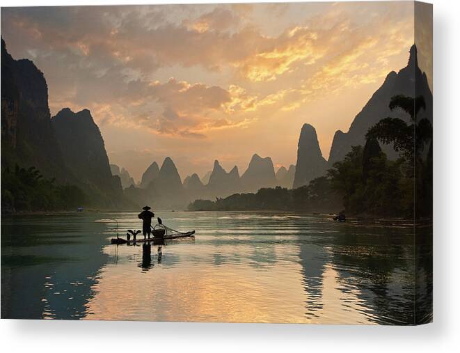 Fisherman Canvas Print featuring the photograph Golden Li River by Yan Zhang