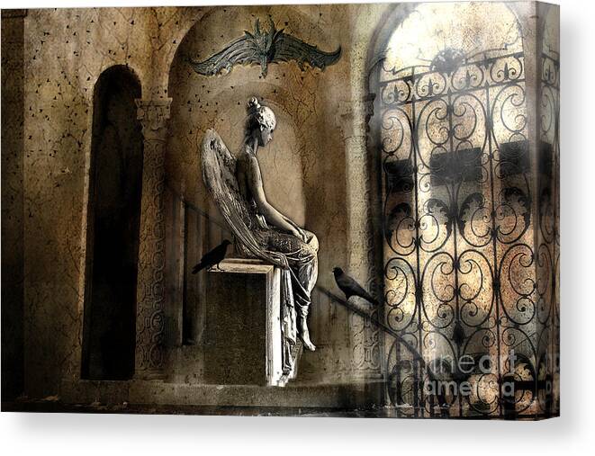 Dark Angels Canvas Print featuring the photograph Gothic Surreal Angel With Gargoyles and Ravens by Kathy Fornal