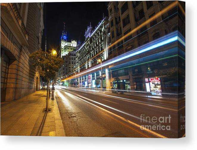 Yhun Suarez Canvas Print featuring the photograph Gran Via Light Trails 1.0 by Yhun Suarez