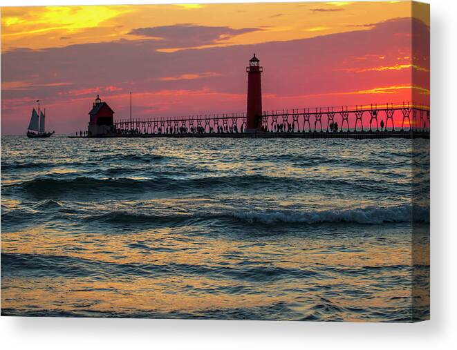 Pier Canvas Print featuring the photograph Grand Haven Pier Sail by Pat Cook