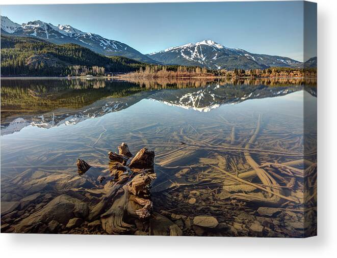 Whistler Blackcomb Canvas Print featuring the photograph Green Lake Reflection of Whistler Blackcomb by Pierre Leclerc Photography