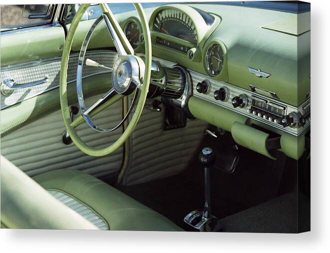  Photography Canvas Print featuring the photograph Green Thunderbird Wheel and Front Seat by Heather Kirk