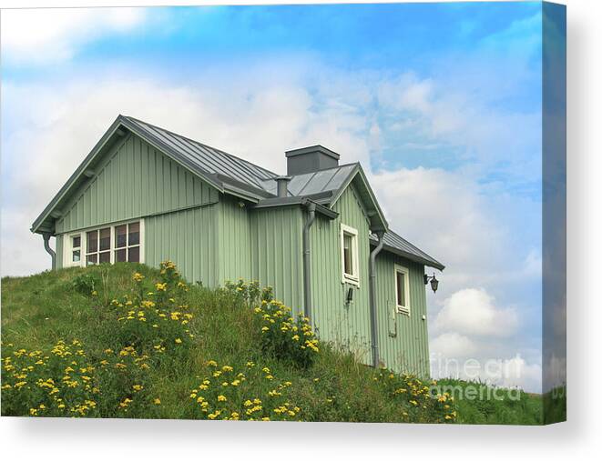 Cottage Canvas Print featuring the photograph Green wooden House in Sweden by Amanda Mohler