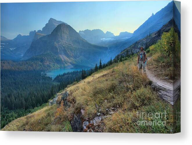 Grinnell Canvas Print featuring the photograph Grinnell Glacier Trail Hiker by Adam Jewell