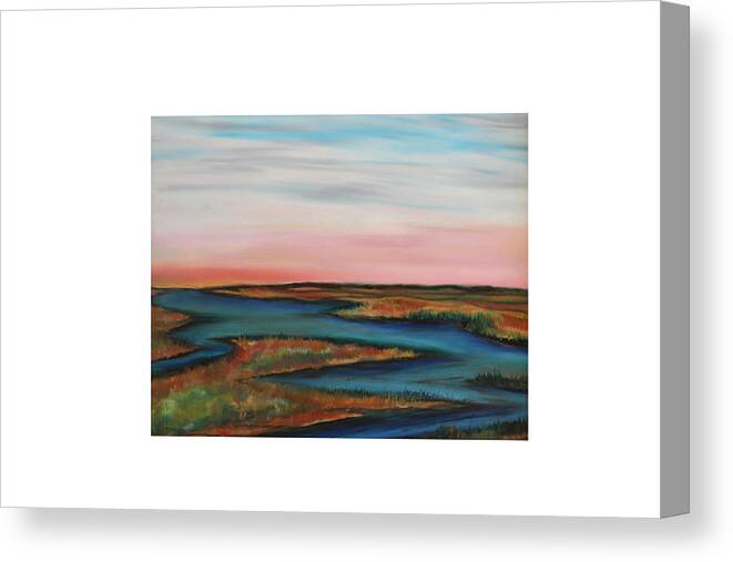 Sky Light Gold Grasses Marsh Tide Coastal Saltwater Beach Cottage Pink Glow Ocean Bay Nature Spirit Peace Tranquility Canvas Print featuring the painting Guilded edge by Daniel Dubinsky