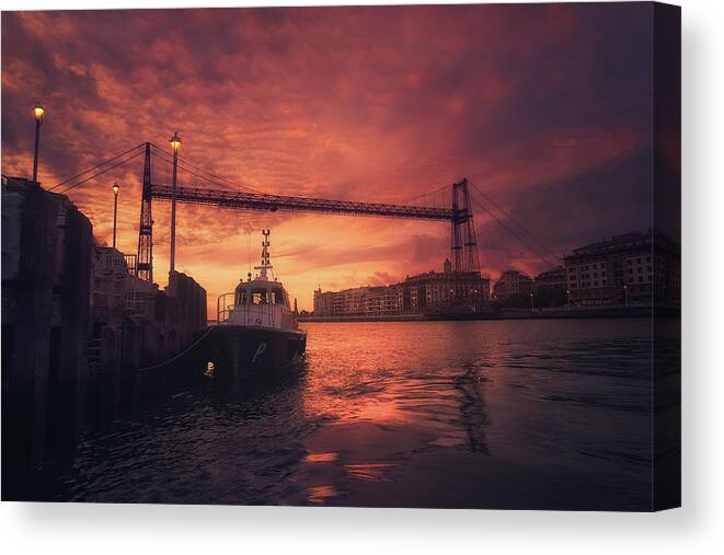 Hanging Canvas Print featuring the photograph Hanging Bridge Of Vizcaya At Sunset by Mikel Martinez de Osaba